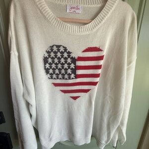 Jess Lea White American Flag Heart Knit Sweater size L/XL NWOT